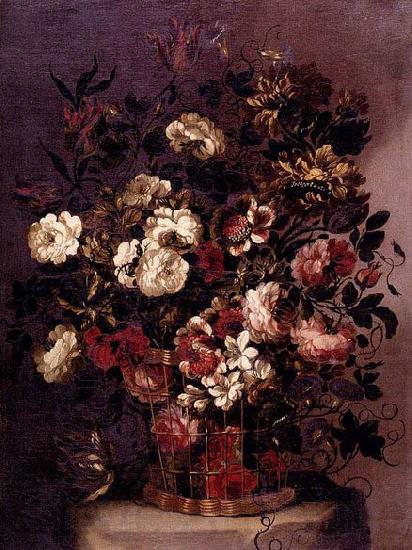 CORTE, Gabriel de la. Still-Life of Flowers in a Woven Basket Germany oil painting art